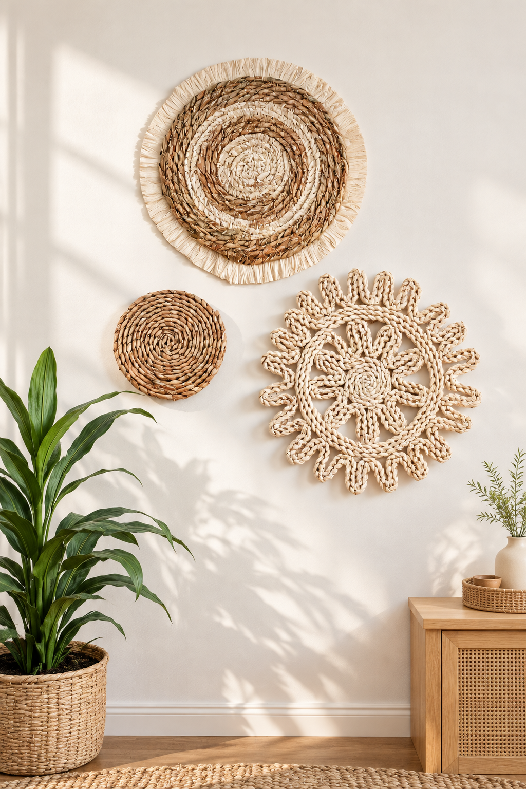 Handwoven cattail and water hyacinth wall baskets on a white wall