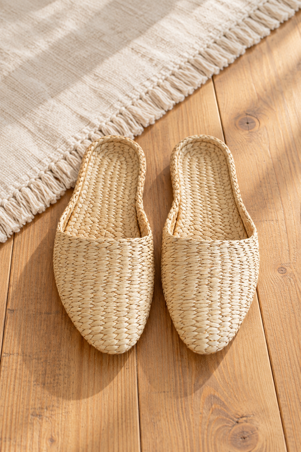 Pair of handwoven straw slippers on a wooden floor