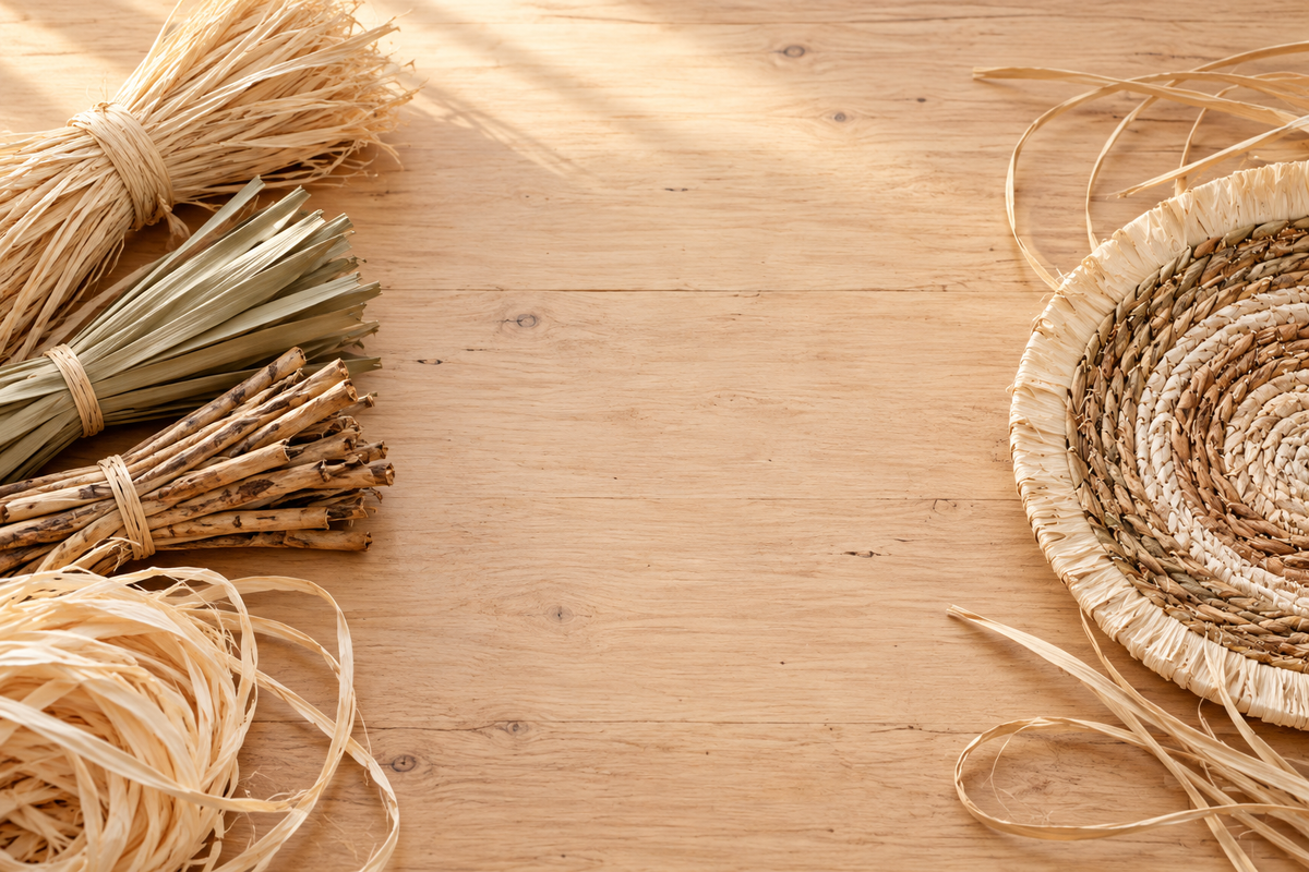 Bundles of natural straw, cattail and raffia fibers on a workbench