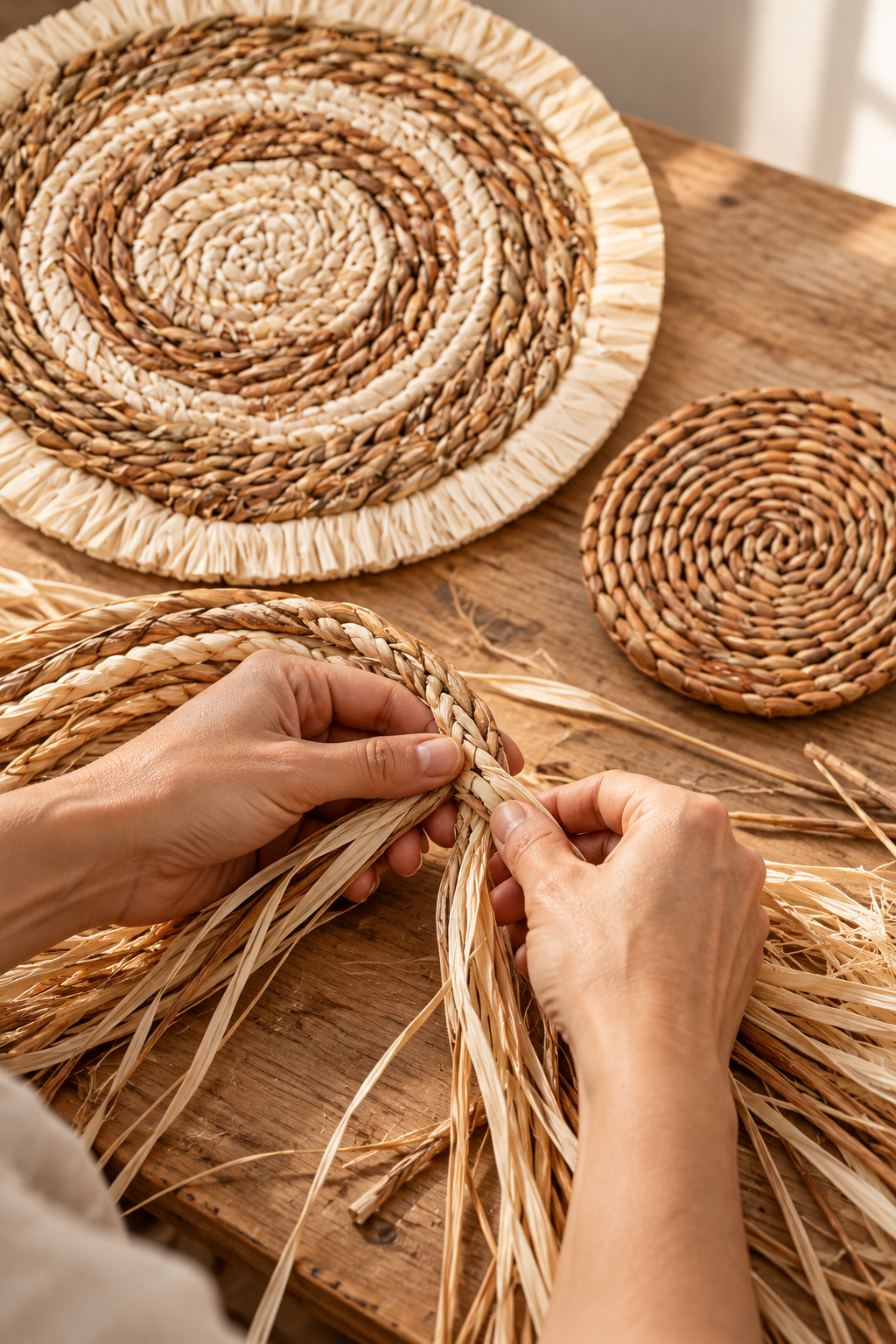 Artisan hands braiding raffia and cattail fibers