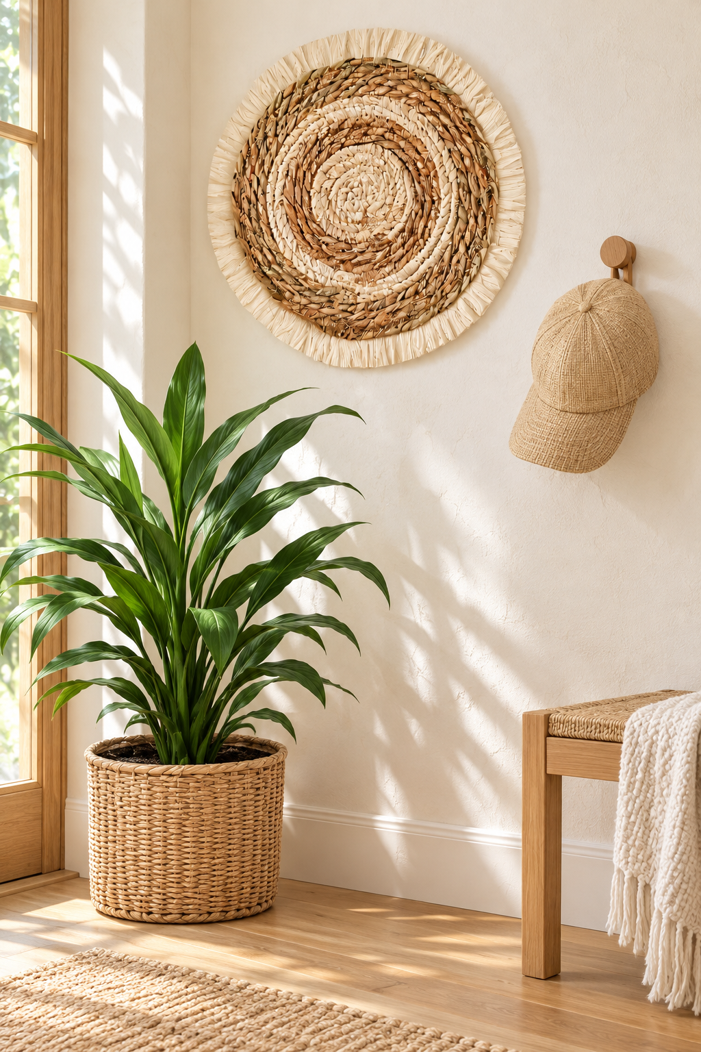 Woven straw basket, wall hanging and sun hat in a bright home corner