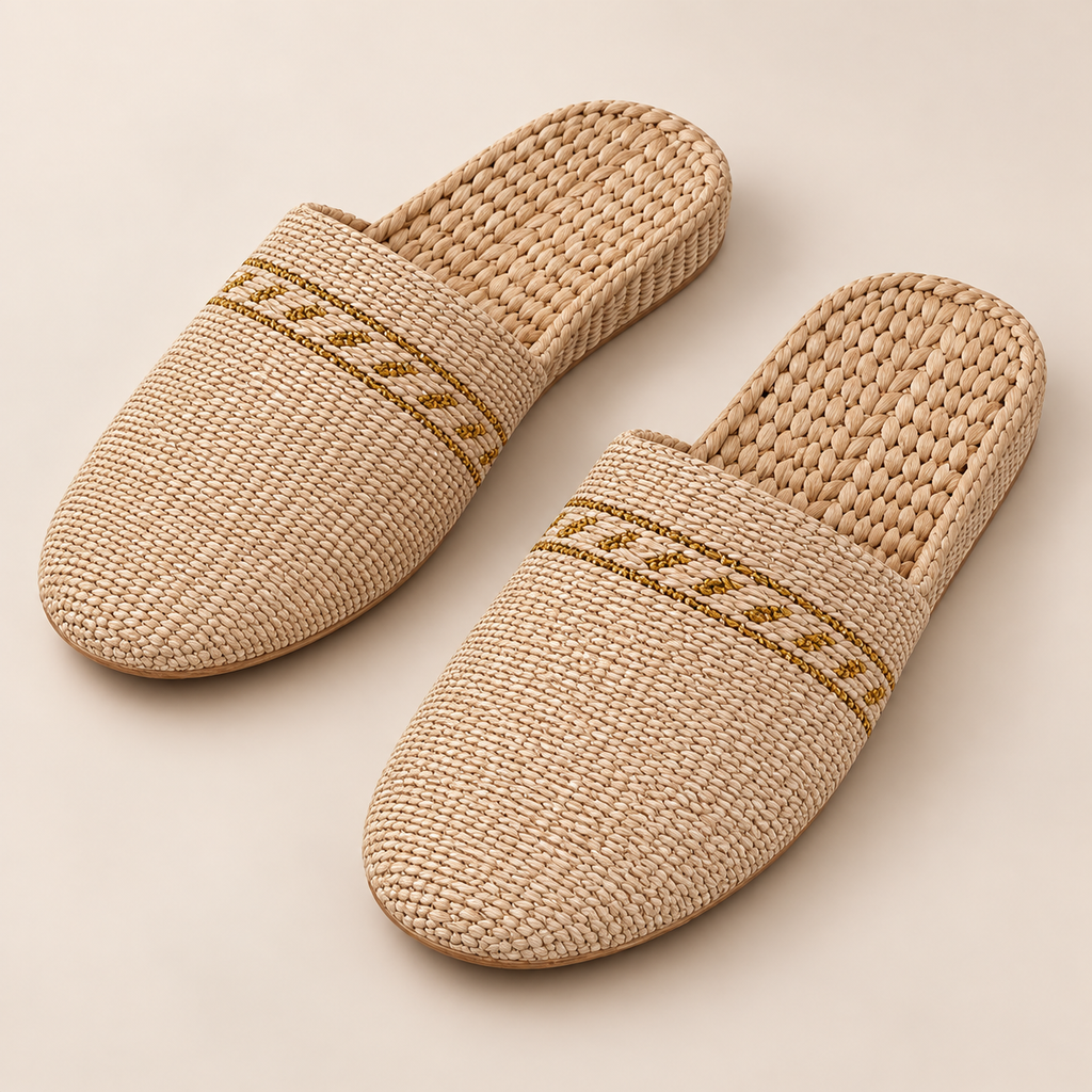 Premium Woven Straw Shoes for Men, Natural Woven Willow Slippers, Handmade Slip-On House Shoes on a beige backdrop