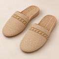 Premium Woven Straw Shoes for Men, Natural Woven Willow Slippers, Handmade Slip-On House Shoes on a beige backdrop