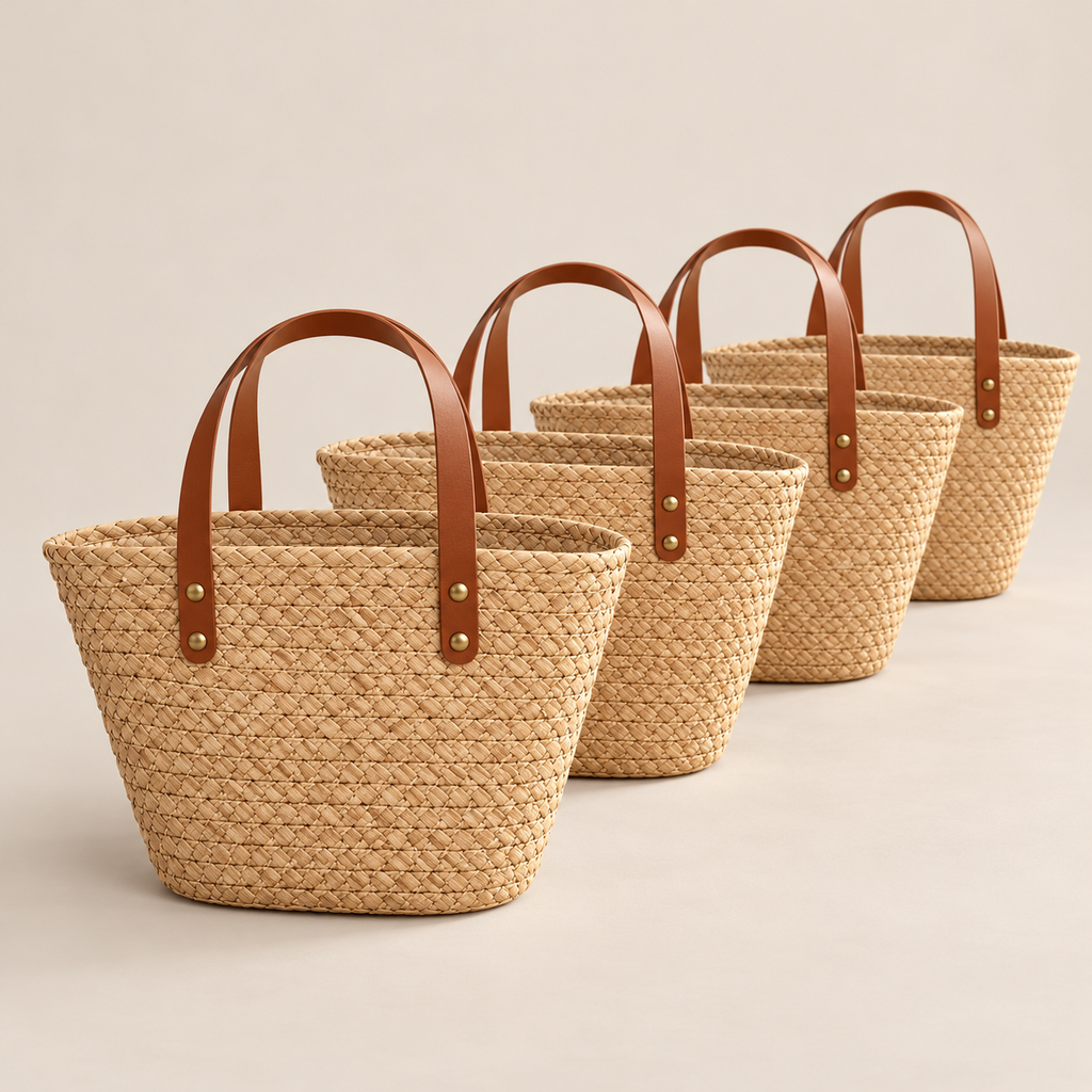 Handwoven Straw Tote Bag with Leather Handles, Woven Straw Basket Bag, Bridesmaid Tote on a beige backdrop