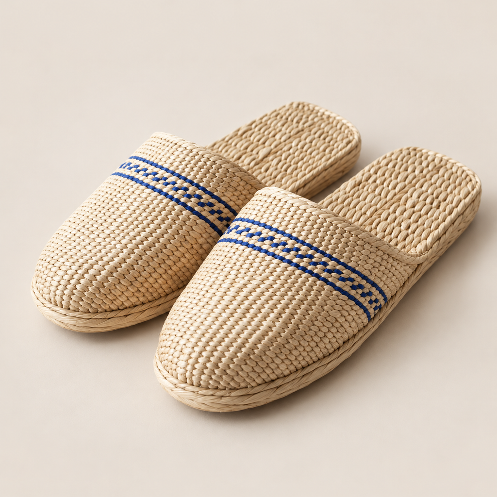 Handmade Straw Slippers: Men's Eco-Friendly Spa Sauna Sandals on a beige backdrop