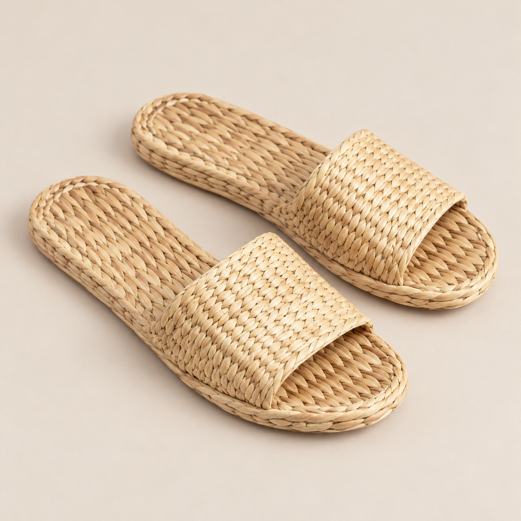 Natural Straw Sandals - Breathable Spa and House Slippers on a beige backdrop
