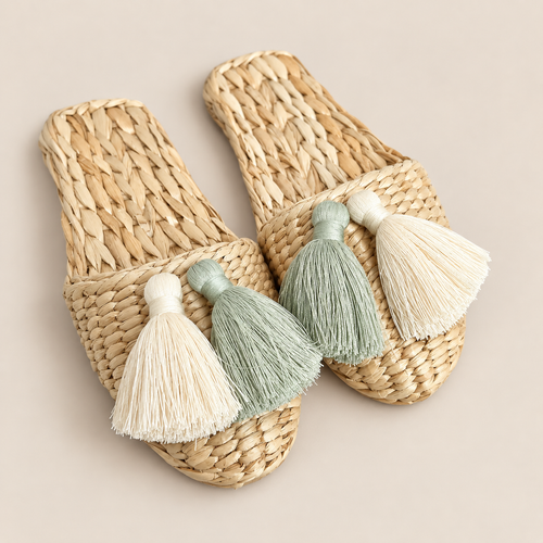 Handmade All-Season House Straw Slippers with Tassels on a beige backdrop