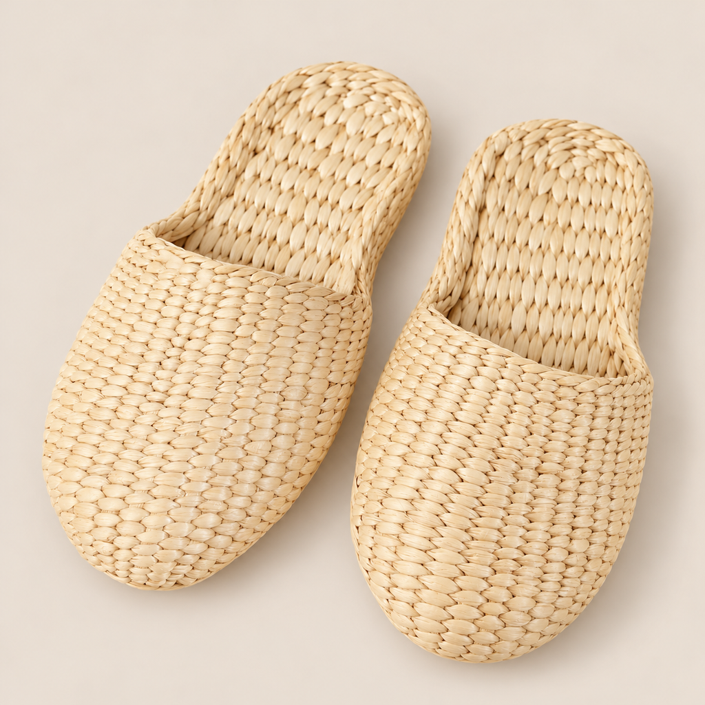 Handmade Straw Woven Slippers - Eco-Friendly House Sandals for Sustainable Comfort on a beige backdrop