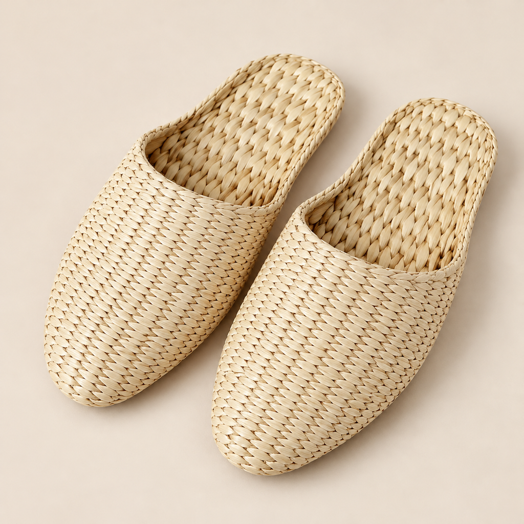 Handmade Cattail Straw Slippers: Eco-Friendly House Shoes on a beige backdrop