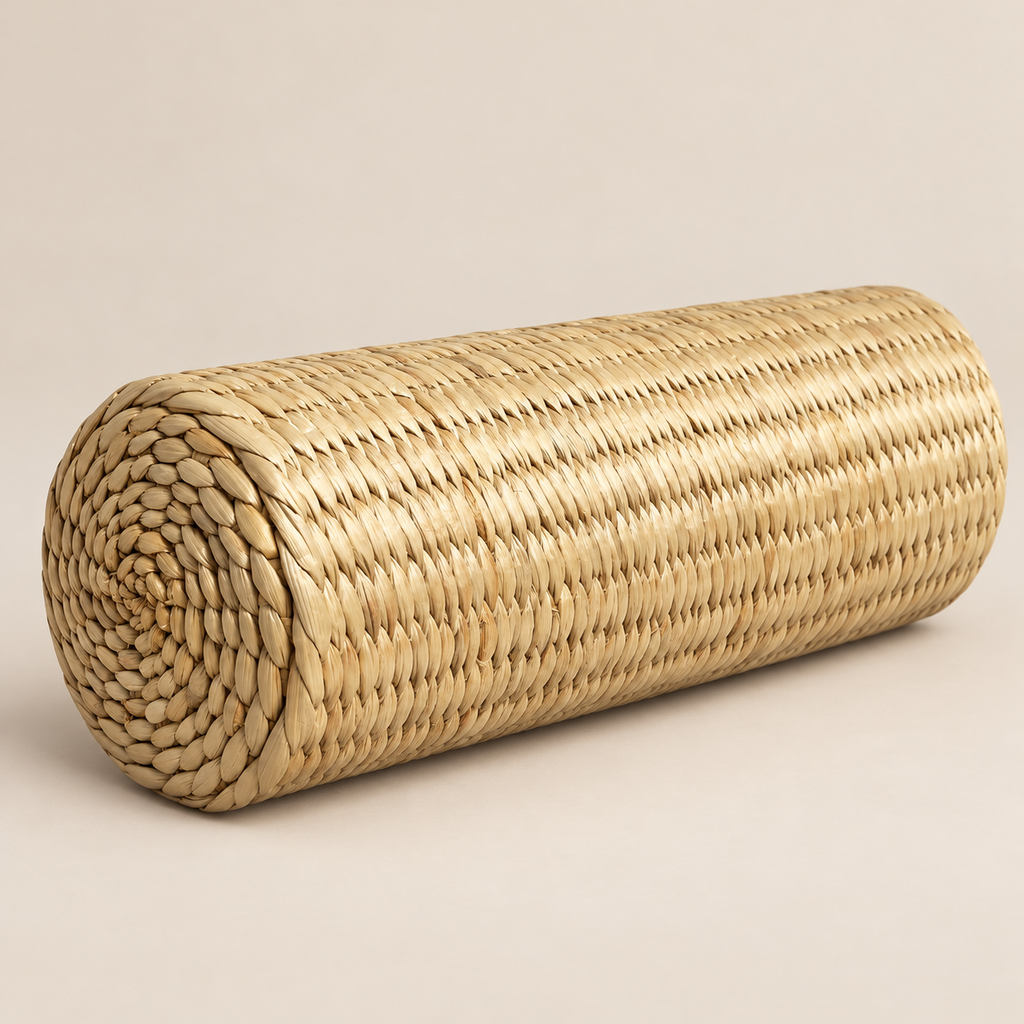 Handmade Straw Neck Roll Pillow: Woven Bolster for Yoga and Sleeping on a beige backdrop