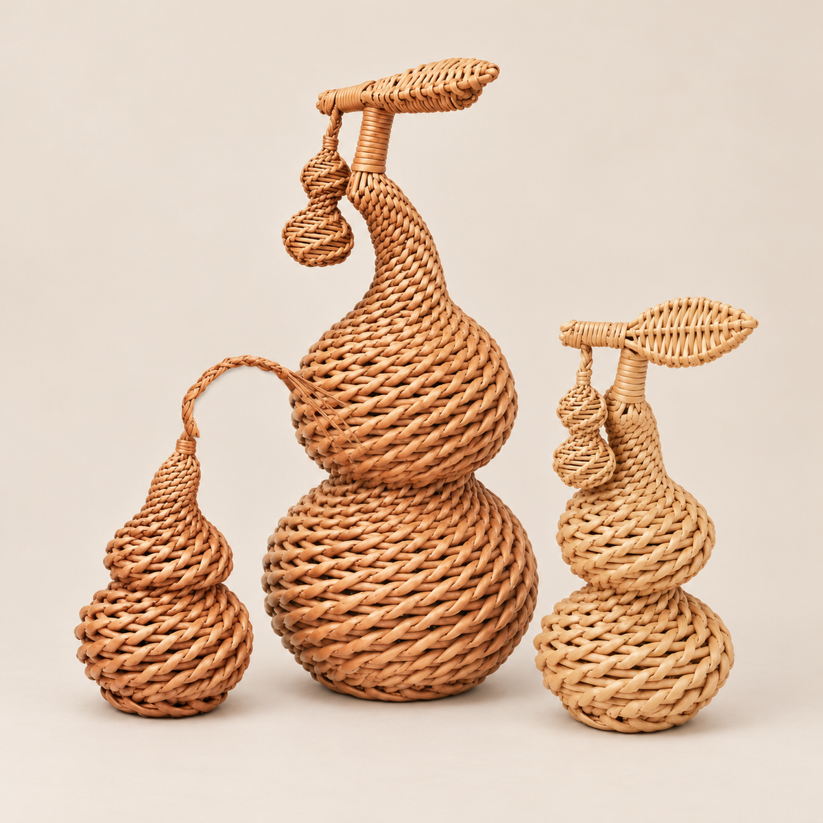 Handcrafted Woven Gourd Ornament: Natural Willow Decor on a beige backdrop