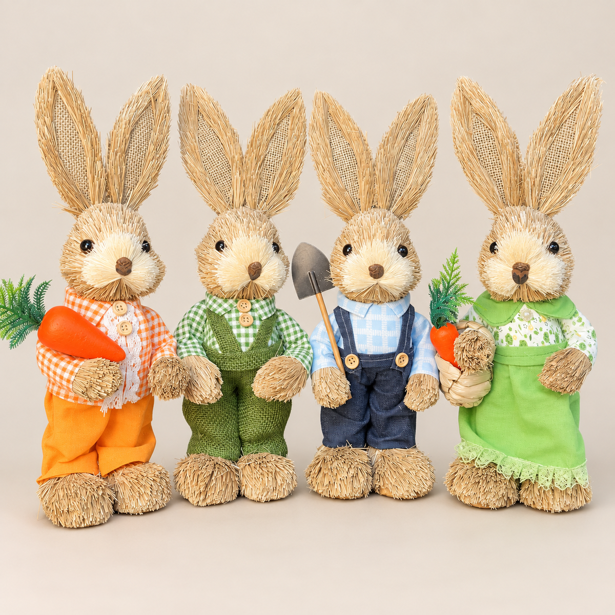 Handmade Straw Easter Bunny Family, Woven Straw Bunnies, Rustic Spring Table Decor on a beige backdrop