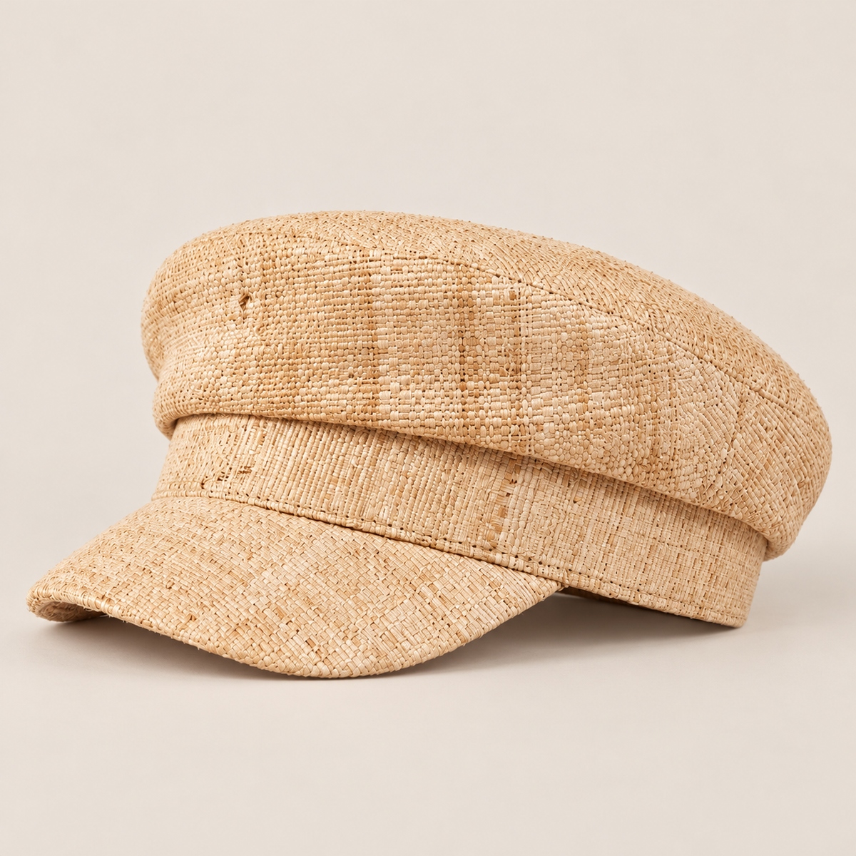 Handmade Raffia Straw Sun Cap: Summer Beach Hat on a beige backdrop