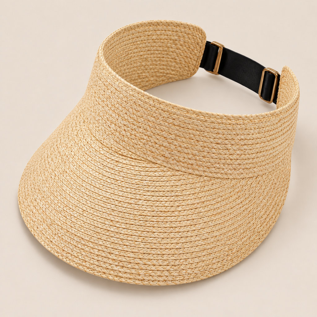 Handmade Straw Sun Visor: Adjustable Wide Brim Beach Hat on a beige backdrop