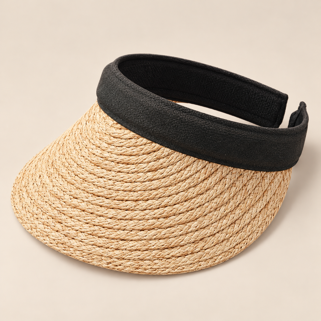 Handmade Straw Sun Visor: Wide Brim Beach Hat on a beige backdrop