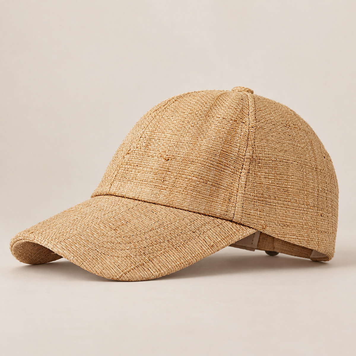 Handmade Raffia Straw Baseball Cap: Summer Sun Hat on a beige backdrop