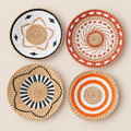Woven Boho Wall Art, Set of 4 Handwoven Cattail Wall Plates, Woven Wall Decor Baskets for Living Room on a beige backdrop