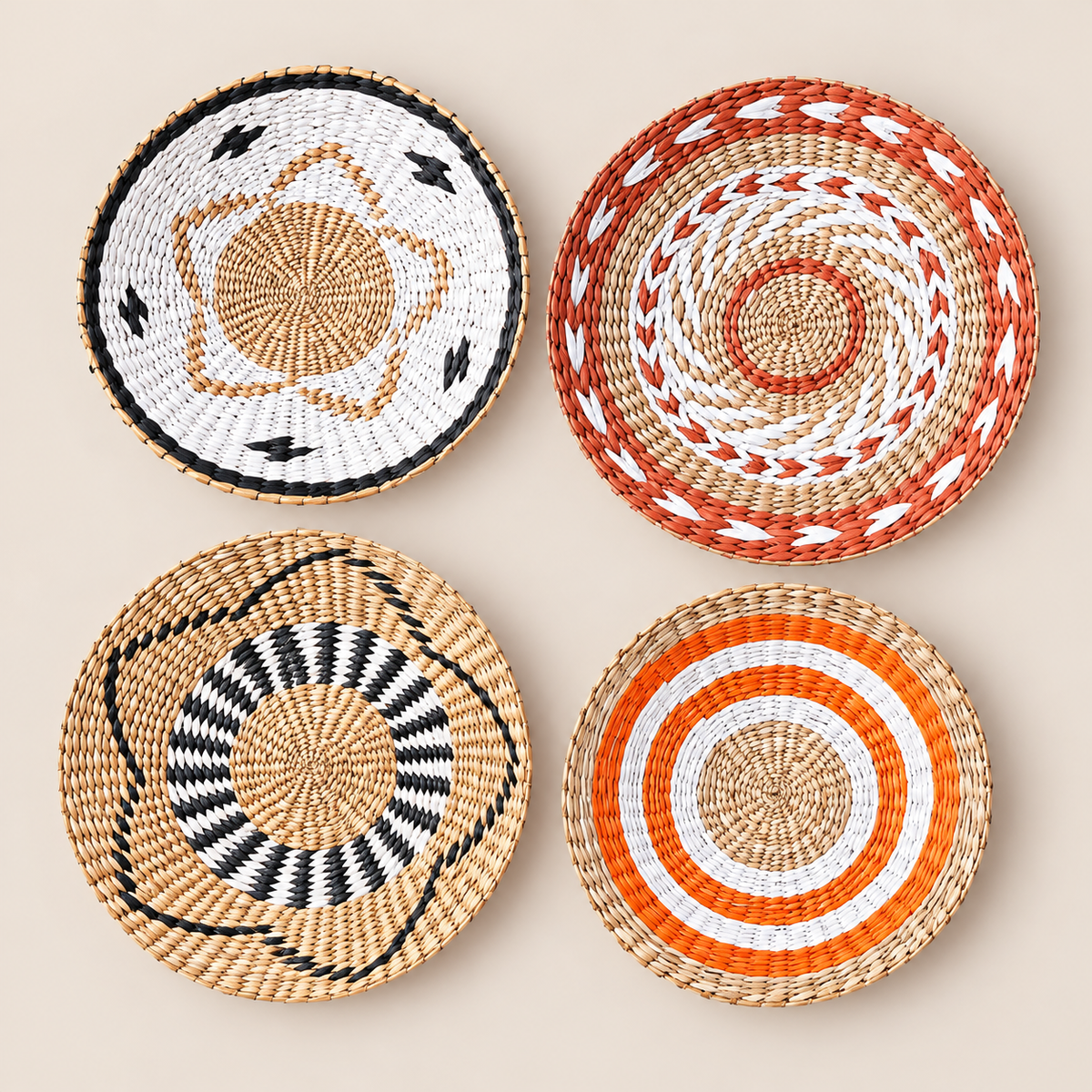 Woven Boho Wall Art, Set of 4 Handwoven Cattail Wall Plates, Woven Wall Decor Baskets for Living Room on a beige backdrop