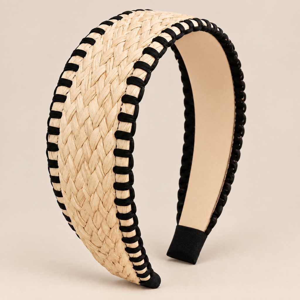 Headbands for Women, Raffia Wide Headband, Boho Straw Hair Band, Handmade Woven Hair Accessory, Black Trim Headband on a beige backdrop