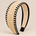 Headbands for Women, Raffia Wide Headband, Boho Straw Hair Band, Handmade Woven Hair Accessory, Black Trim Headband on a beige backdrop