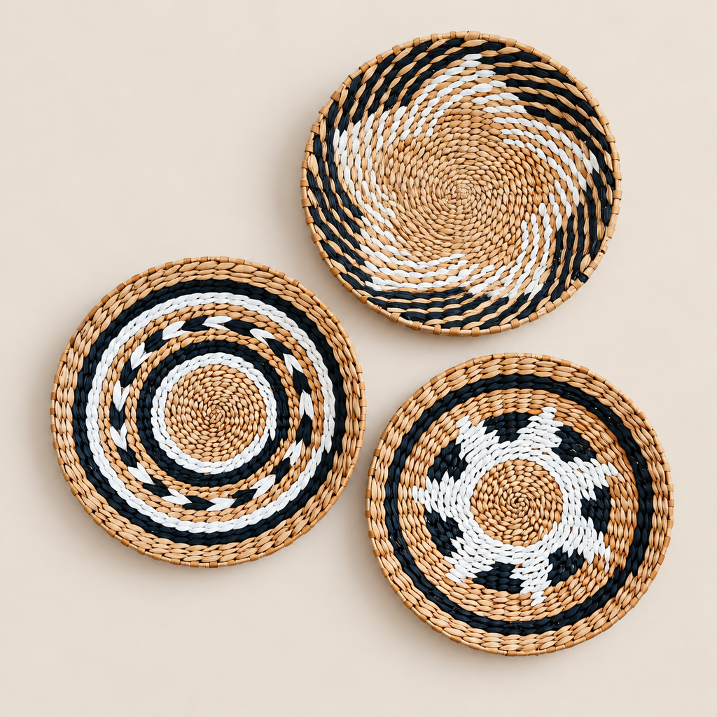 Woven Wall Basket Set of 3, Handmade Cattail Grass Wall Baskets with Patterned Weave, Boho Wall Art for Living Room on a beige backdrop