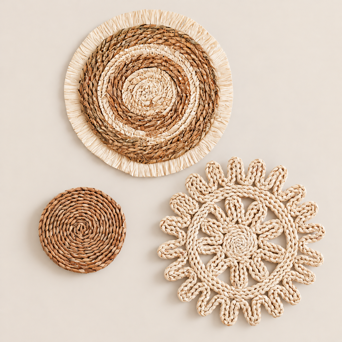 Woven Wall Basket Set of 3, Handmade Cattail and Corn Husk Wall Hanging with Fringe, Farmhouse Boho Rustic Wall Decor on a beige backdrop