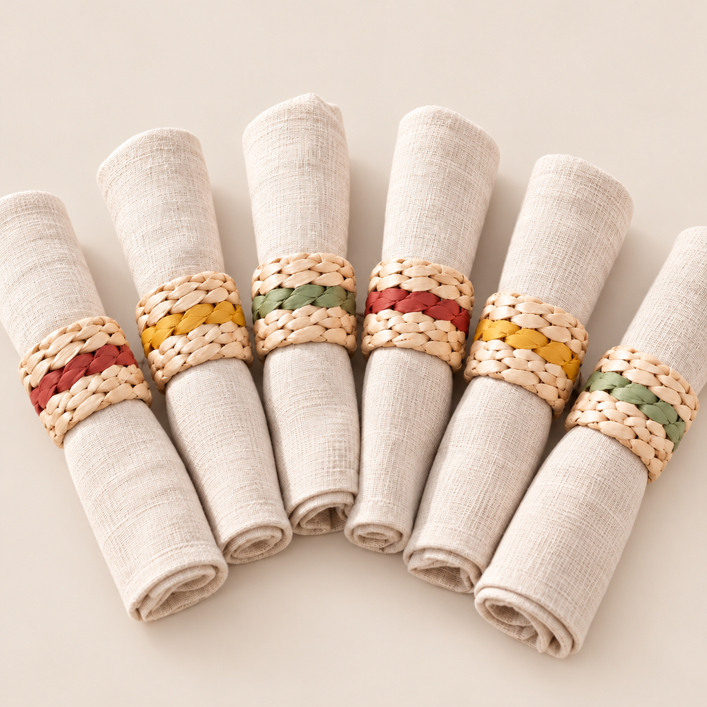 Handmade Dandelion Root Napkin Rings Set of 6, Colorful Woven Napkin Holders, Boho Fall Table Decor on a beige backdrop