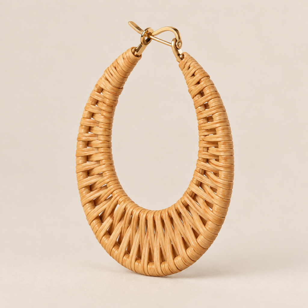 Handwoven Rattan Hoop Earrings, Small or Large Sizes, Lightweight Boho Woven Hoops, Coastal Summer Jewelry on a beige backdrop