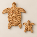 Handmade Sea Turtle Wall Decor, Woven Water Hyacinth Turtle Set, Coastal Beach Bathroom Ornament, Ocean Nursery Art on a beige backdrop