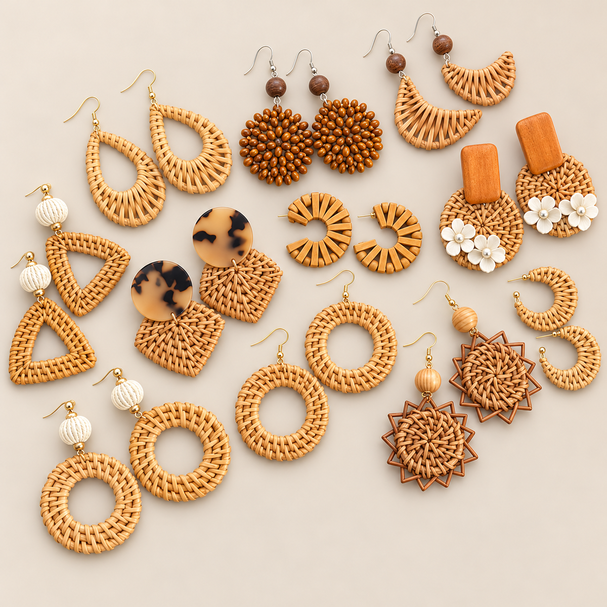 Handmade Rattan Earrings, Lightweight Woven Boho Statement Earrings, Tropical Hoop and Drop Earrings for Women on a beige backdrop