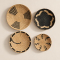 Boho Woven Wall Basket Set of 4, Cattail Grass Hanging Wall Baskets, Neutral Farmhouse Living Room Wall Decor on a beige backdrop