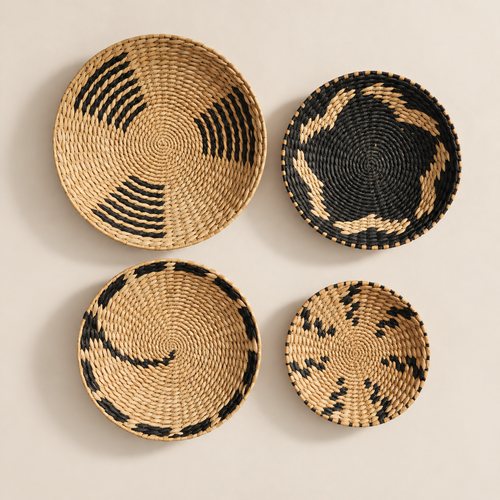 Boho Woven Wall Basket Set of 4, Cattail Grass Hanging Wall Baskets, Neutral Farmhouse Living Room Wall Decor on a beige backdrop