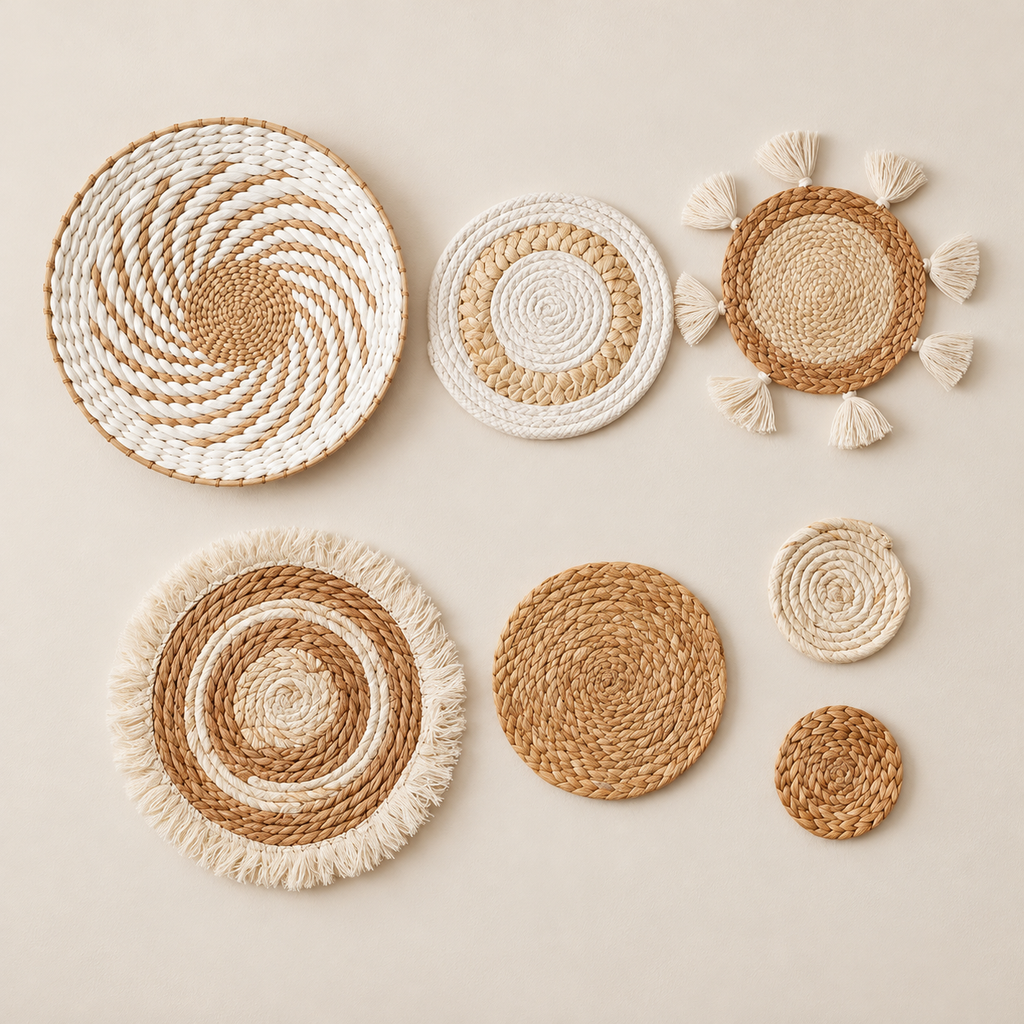 Boho Wall Basket Set - 7 Neutral Cattail Grass Pieces for Cozy Decor on a beige backdrop