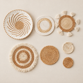 Boho Wall Basket Set - 7 Neutral Cattail Grass Pieces for Cozy Decor on a beige backdrop