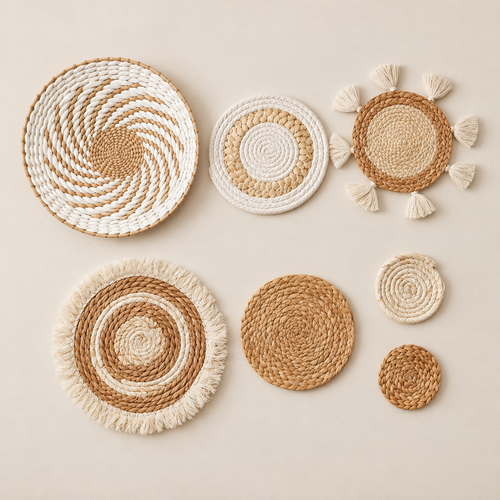 Boho Wall Basket Set - 7 Neutral Cattail Grass Pieces for Cozy Decor on a beige backdrop