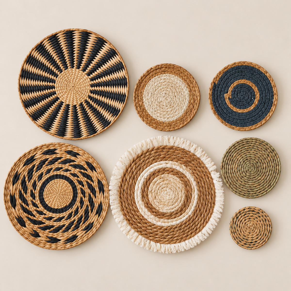 Boho Wall Basket Set - Mixed Woven Wall Art Baskets, Neutral Cattail Grass Hanging Decor for Rustic Tribal Home Style on a beige backdrop
