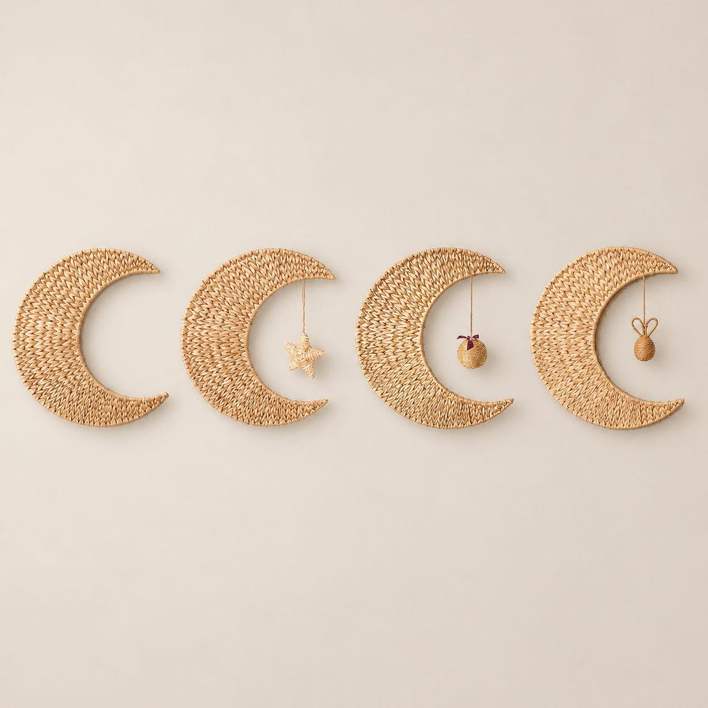 Handmade Woven Moon Wall Decor, Celestial Nursery Art, Boho Baby Girl Room on a beige backdrop