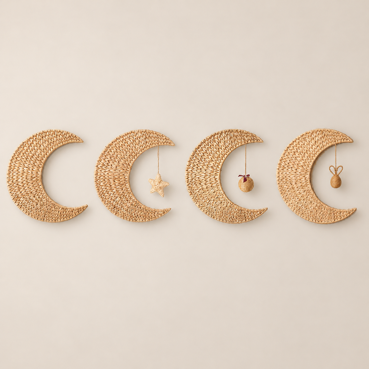 Handmade Woven Moon Wall Decor, Celestial Nursery Art, Boho Baby Girl Room on a beige backdrop