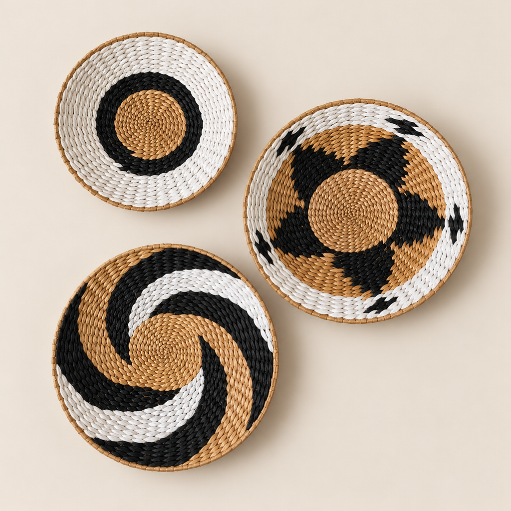 Woven Basket Wall Art: Boho Patterns - Natural Water Hyacinth on a beige backdrop