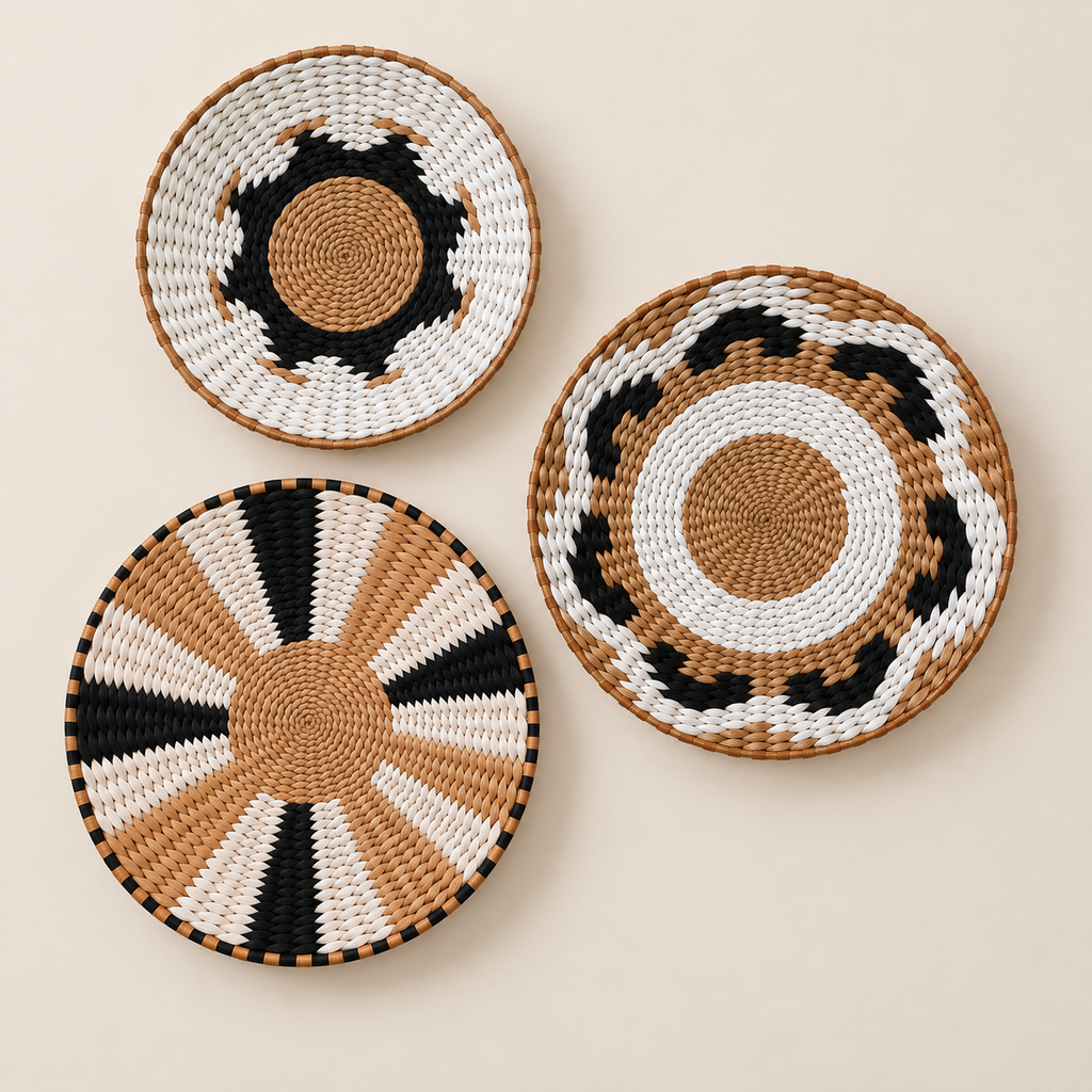 Woven Wall Basket Set of 3, Black and White Wall Decor, Boho Wall Hanging on a beige backdrop