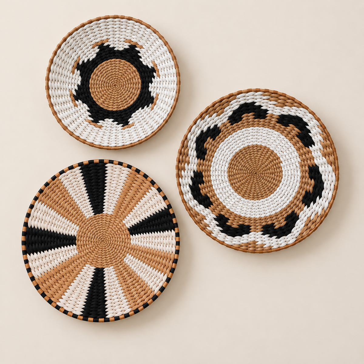 Woven Wall Basket Set of 3, Black and White Wall Decor, Boho Wall Hanging on a beige backdrop