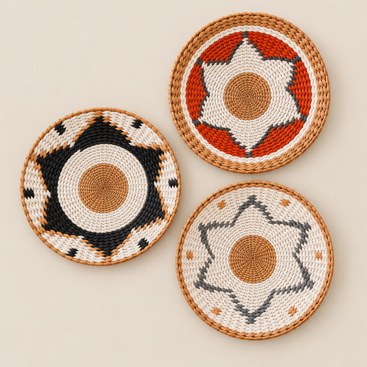 Woven Wall Basket Set of 3, Black Gray and Orange Wall Decor, Boho Wall Hanging on a beige backdrop