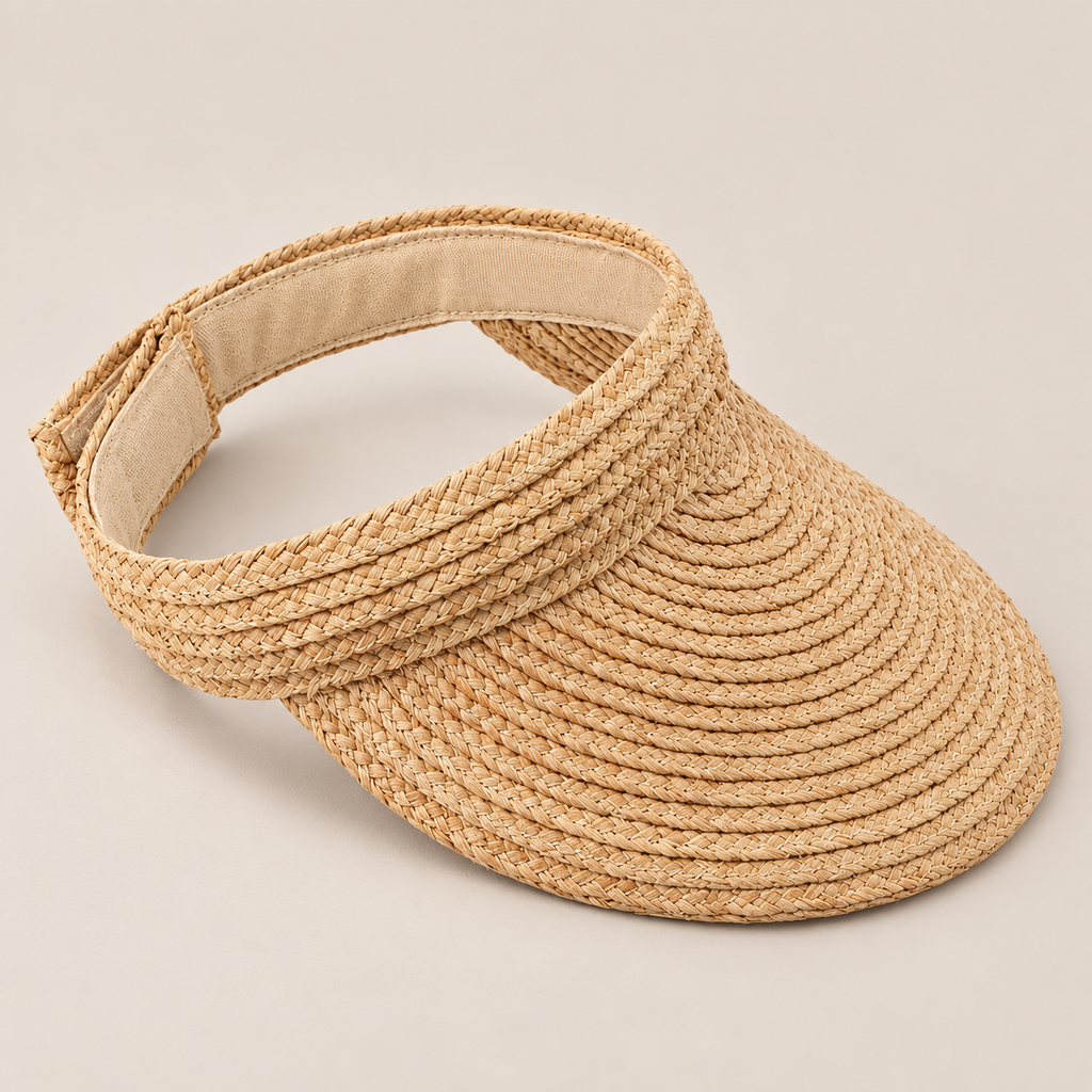 Adjustable Raffia Straw Sun Visor with Velcro Closure, Wide Brim Open Top Sun Hat for Beach Gardening Travel on a beige backdrop