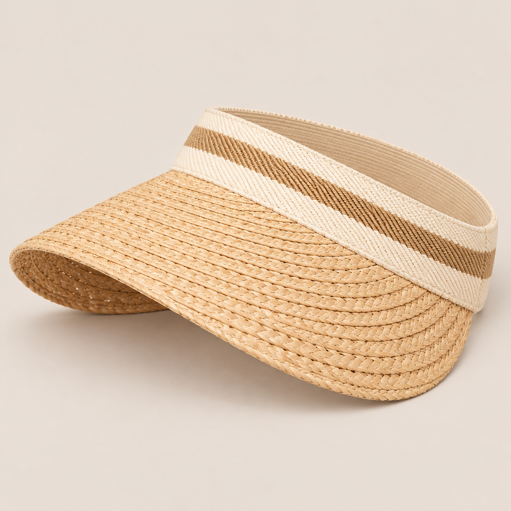 Raffia Straw Sun Visor with Striped Band, Open Top Ponytail Hat for Golf Tennis Beach, Summer Visor for Women and Men on a beige backdrop