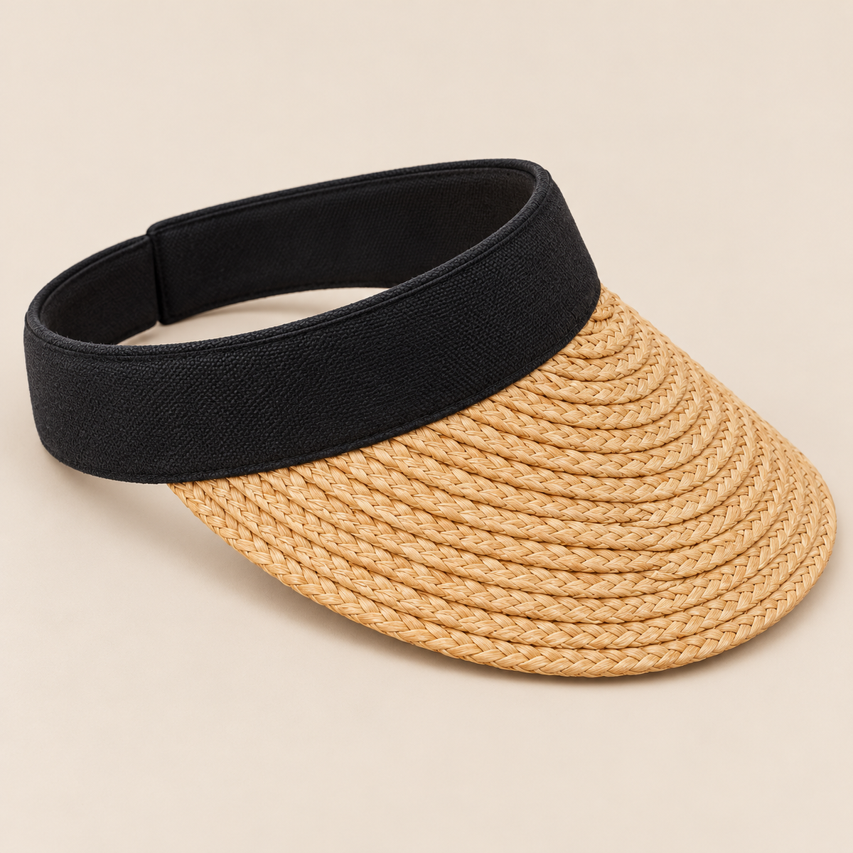 Handmade Straw Hat, Womens Hair Accessories, Black Band Visor, Summer Beach Vacation on a beige backdrop