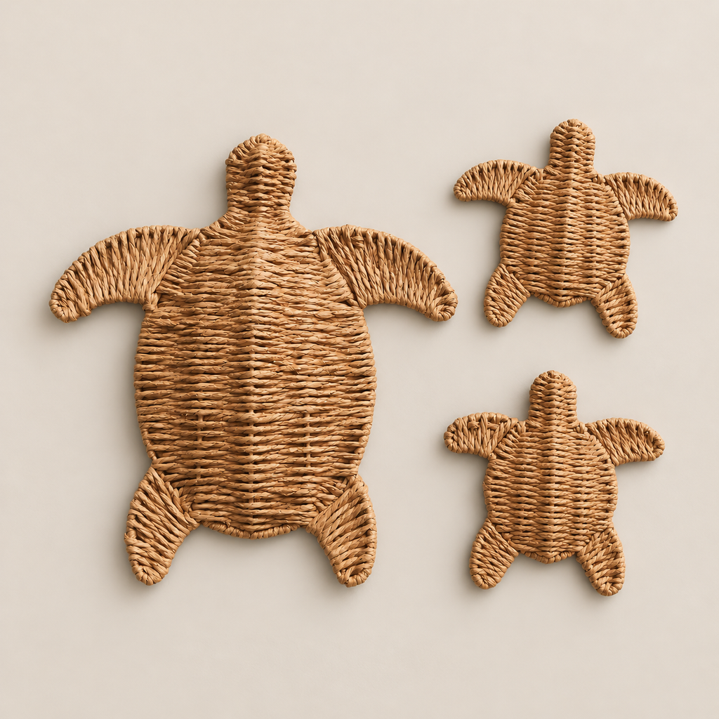 Sea Turtle Wall Decor, Woven Paper Rope Art for Coastal Nursery and Beach House on a beige backdrop