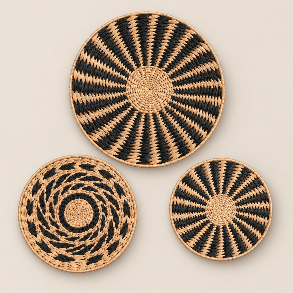 Woven Wall Basket Set of 3, Handmade Cattail Boho Wall Art, Black and Natural Round Wall Decor for Living Room on a beige backdrop