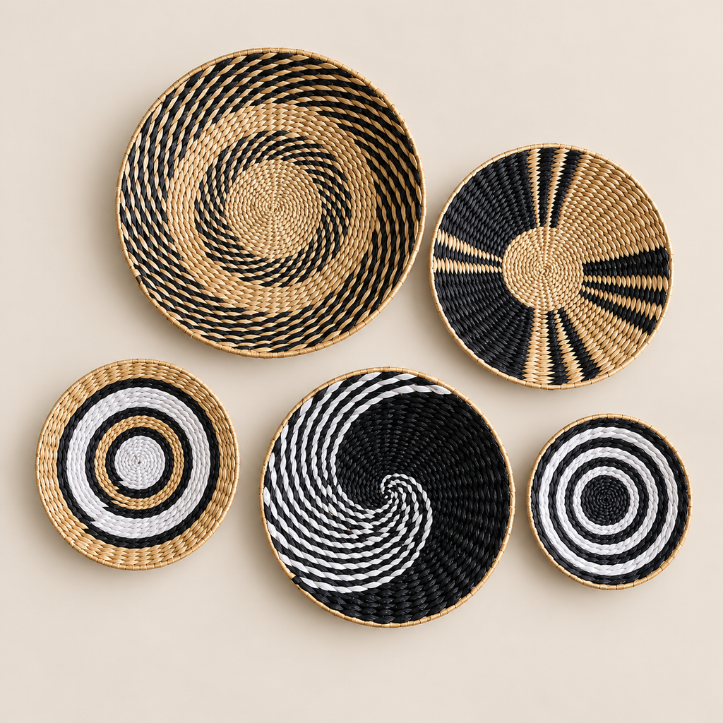 Handmade Woven Wall Basket Set of 5, Boho Wall Decor, Black and White Cattail Wall Hanging on a beige backdrop