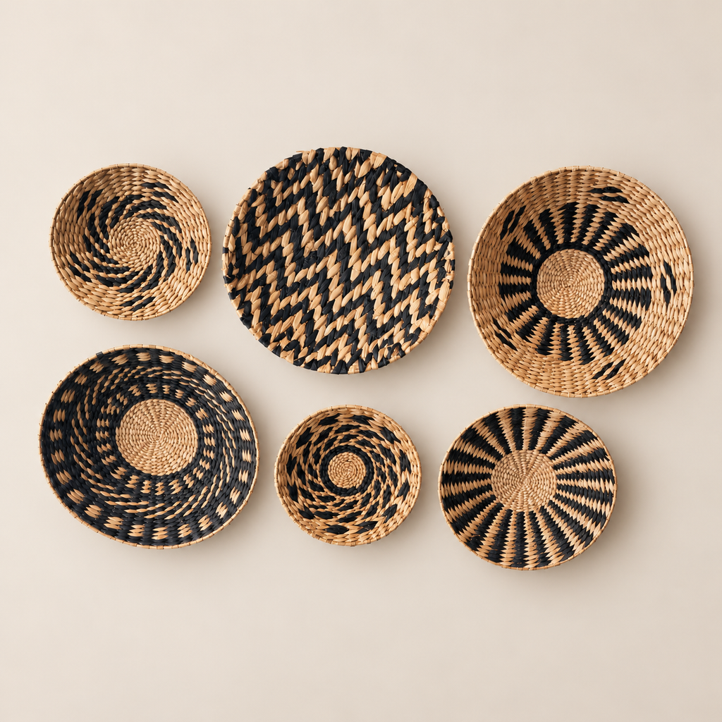 Handmade Woven Wall Baskets, Boho Wall Basket Set of 6, Black and Natural Wall Decor, Large 33 cm Bowl Basket on a beige backdrop