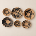 Handmade Woven Wall Baskets, Boho Wall Basket Set of 6, Black and Natural Wall Decor, Large 33 cm Bowl Basket on a beige backdrop